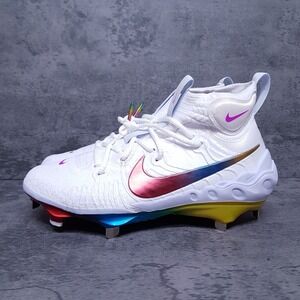 NIKE‎ Alpha Huarache NXT Baseball Metal Cleats "Rainbow" Mens 8 White Red Blue